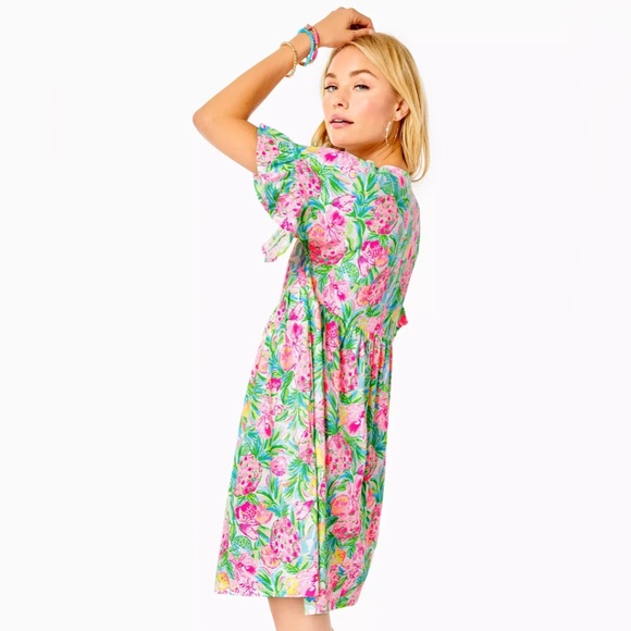 Lilly Pulitzer Tiltson Swing Midi Dress Hot Pink Green Floral Ruffles Medium - Picture 13 of 15